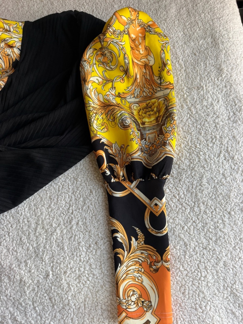 AKIRA Black Ribbed Bodysuit with Yellow Baroque Puff Sleeves - Picture 5 of 7